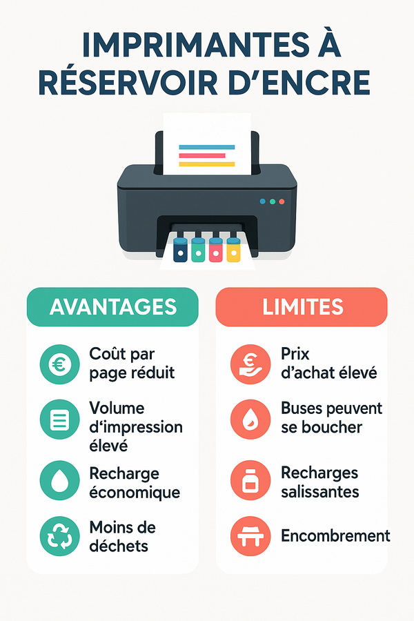 Inforgraphie sur les avantages et limites des imprimantes à réservoirs d'encre