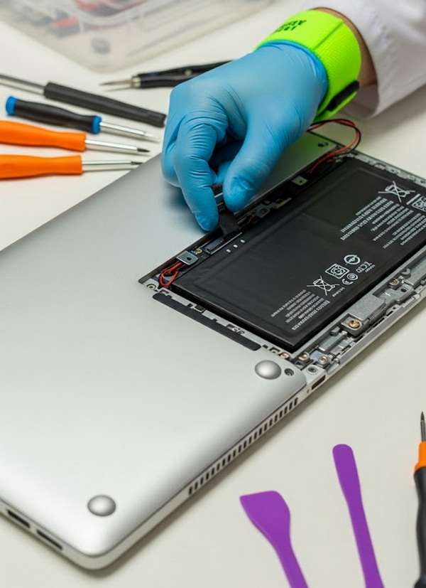 Professionnel qui remplace la batterie d'un ordinateur portable