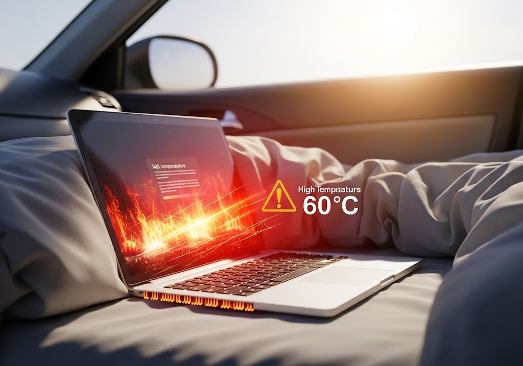 Surchauffe d'un ordinateur laissé au soleil sur une couverture