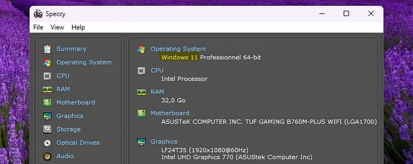 Interface du logiciel Speccy affichant la version de Windows installée sur l'ordinateur