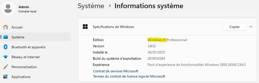 Capture d'écran de la version de Windows indiquée dans les informations système de l'OS