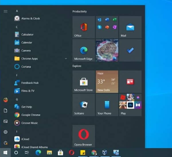 Capture d'écran du menu démarrer de Windows 10