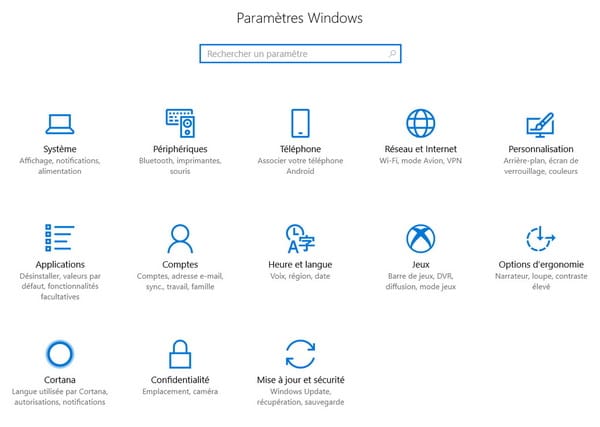 Paramètres de Windows 10, une présentation carrée et sobre