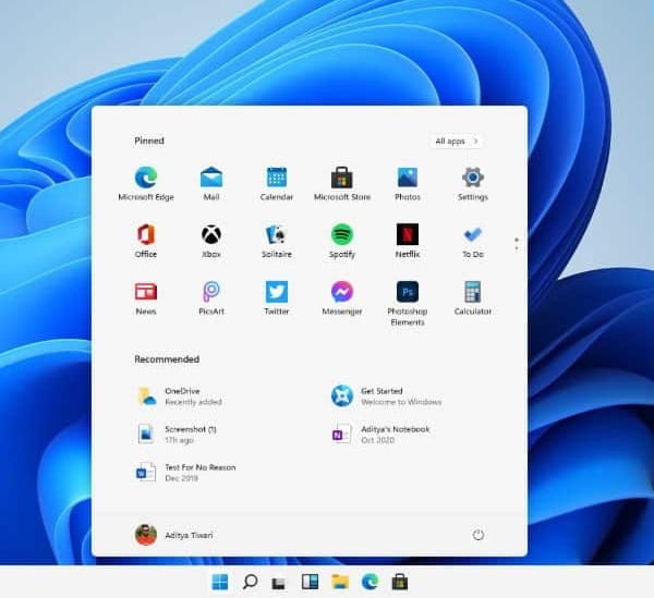 Capture d'écran du menu démarrer de Windows 11