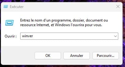 Commande winver dans une fenêtre Executer de Windows