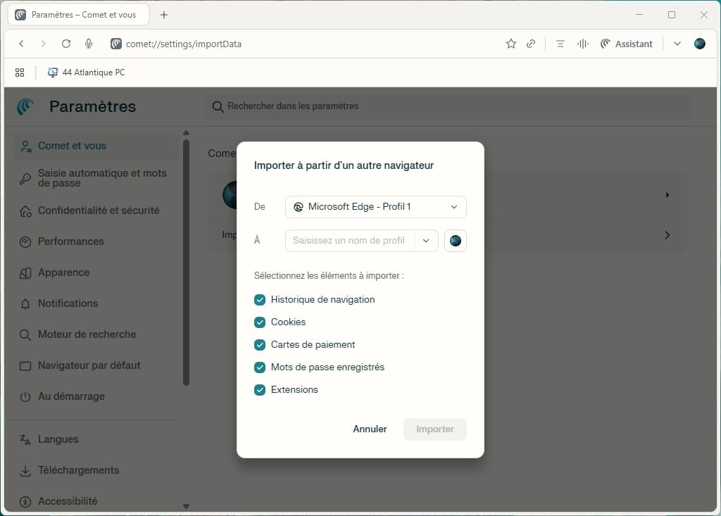 Importation des favoris depuis vos autres navigateurs
