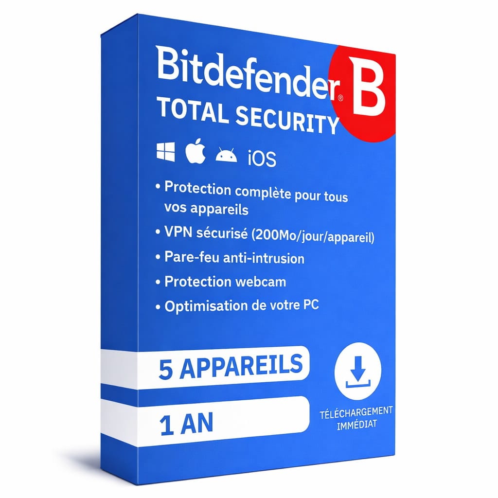 Bitdefender Total Security, protection complĂšte pour 5 appareils (PC, Mac, smartphone, tablette)