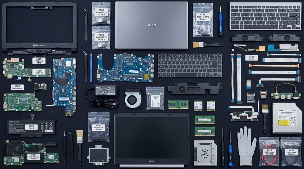 Vue de dessus détaillée d'un ensemble de pièces détachées pour ordinateurs portables ACER organisées sur un plan de travail en marbre blanc pour réparation ou vente.
