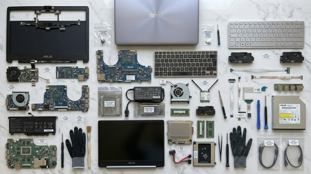Vue de dessus détaillée d'un ensemble de pièces détachées pour ordinateurs portables ASUS organisées sur un plan de travail en marbre blanc pour réparation ou vente.
