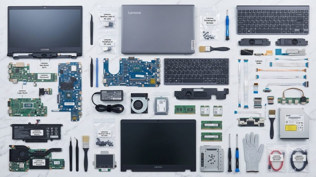 Vue de dessus détaillée d'un ensemble de pièces détachées pour ordinateurs portables LENOVO organisées sur un plan de travail en marbre blanc pour réparation ou vente.